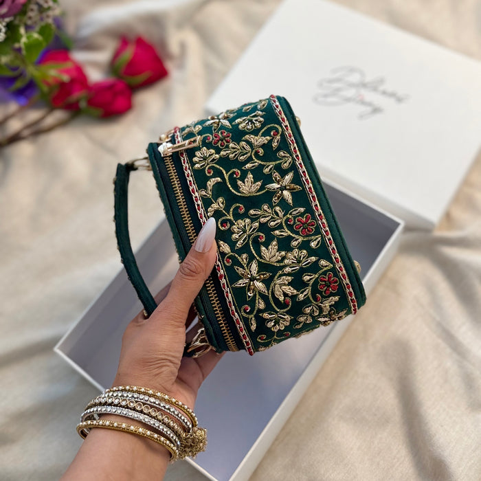 Embroidered Vanity Case Bag | Hand Embroidered Suede Bridal Bag