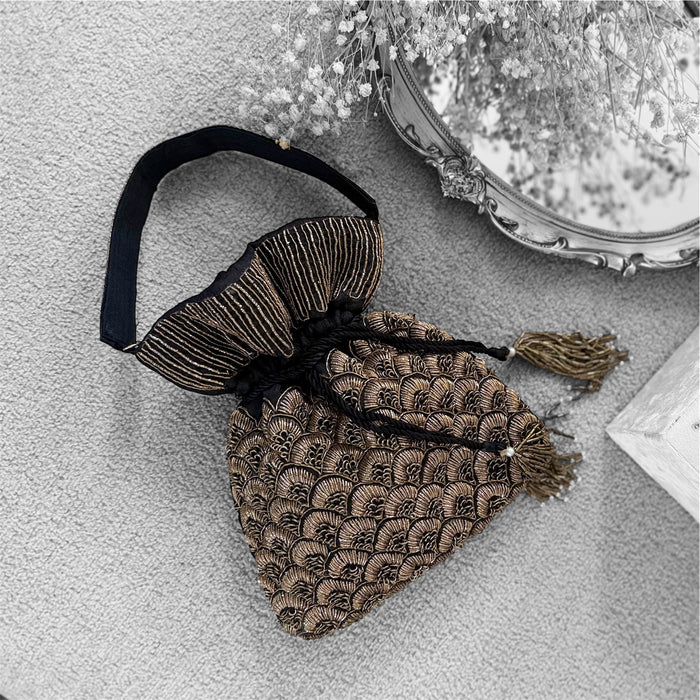 Black Potli Bag – Antique Gold Zardosi Work Evening Bag