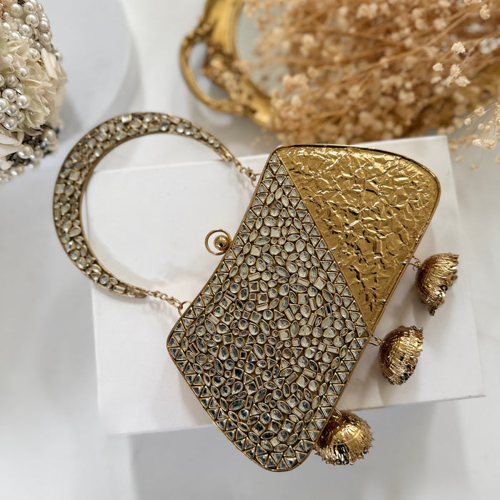 Kundan Brass Clutch with Jhumka: Vintage Style Kundan Handbag