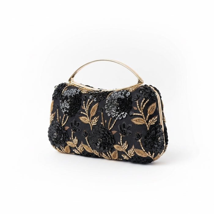 Midnight Blue Floral Clutch: Hand-Embroidered Top Handle Bag