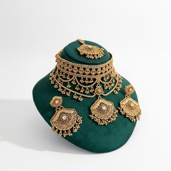 Gold Plated Bridal Necklace Set - Choker Set with Earrings and Tikka