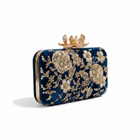Royal blue clutch with gold floral embroidery