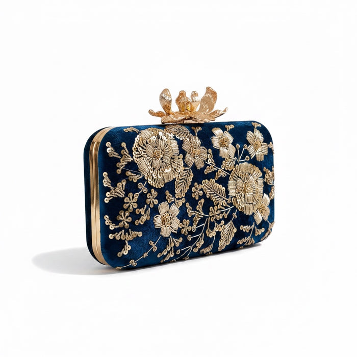 Royal blue clutch with gold floral embroidery