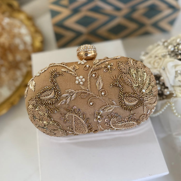 Gold Peacock Zardozi Embroidered Clutch|Gold Evening Bag