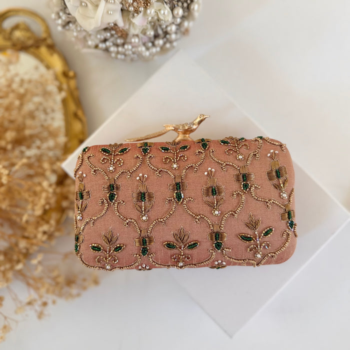 Deep Apricot Bridal Clutch: Hand Embroidered Floral Evening Bag