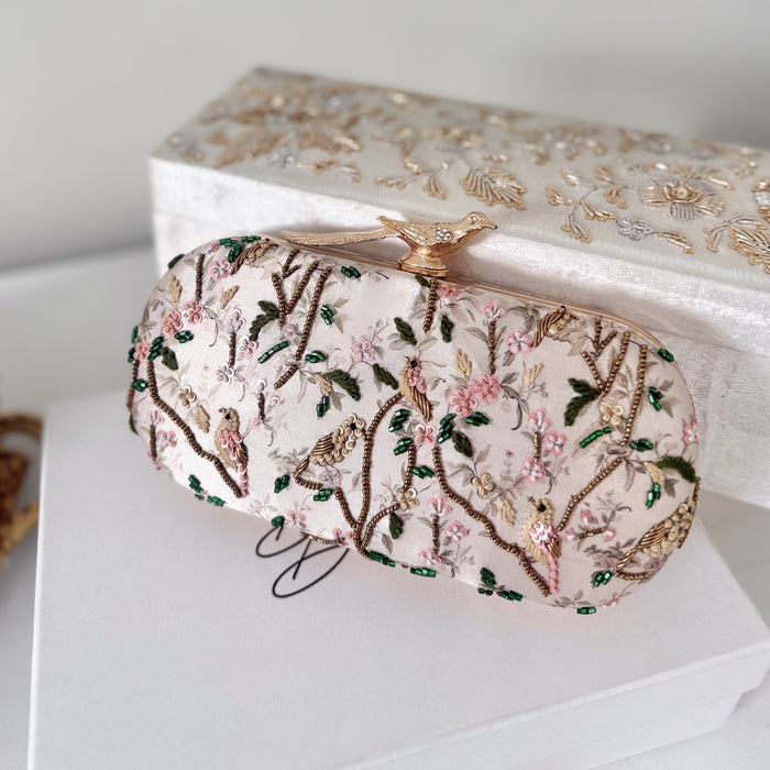 Floral Zardosi Bridal Clutch: Pastel Printed Wedding Clutch With Bird Knob