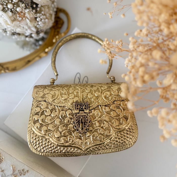 Gold Plated Brass  Clutch: Vintage Style Evening Bag With Top Handle