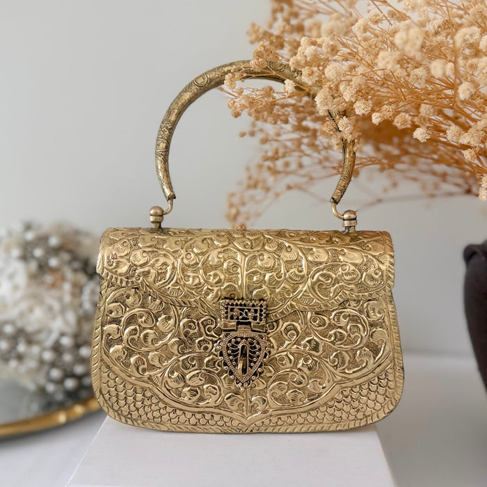 Gold Plated Brass  Clutch: Vintage Style Evening Bag With Top Handle