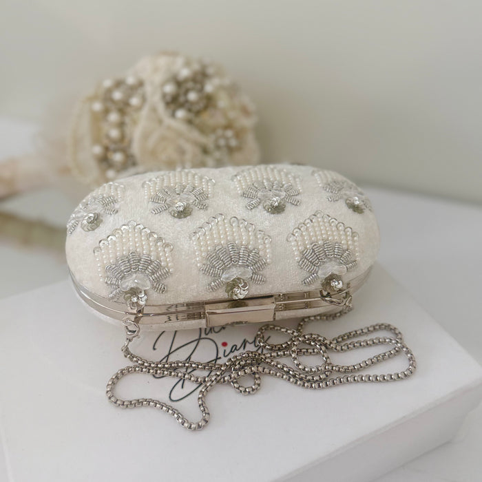 White Beaded Velvet Clutch: Bridal Purse with Crystal Embellishments