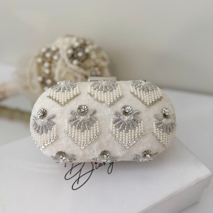 White Beaded Velvet Clutch: Bridal Purse with Crystal Embellishments