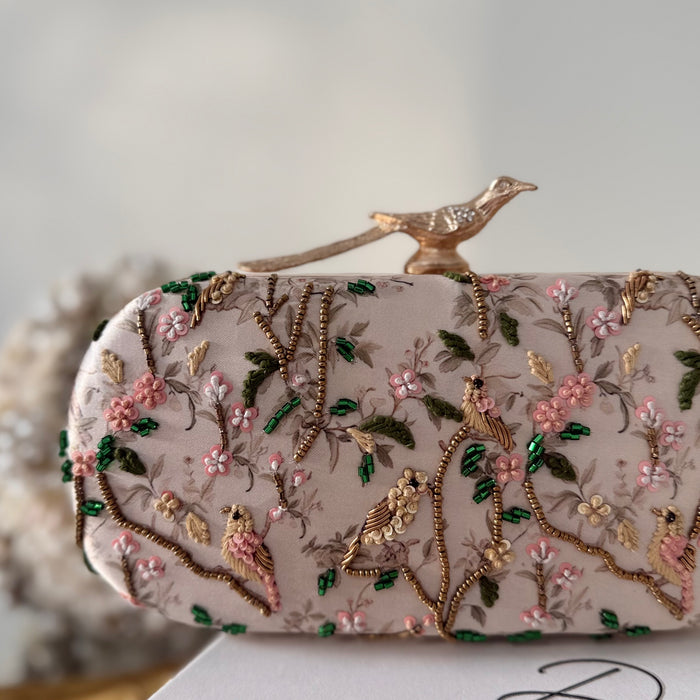 Floral Zardosi Bridal Clutch: Pastel Printed Wedding Clutch With Bird Knob
