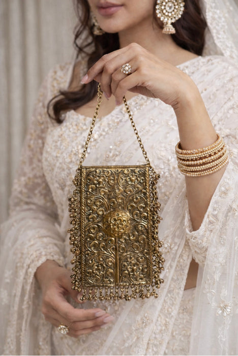 Mobile Shape Antique Gold Brass Clutch