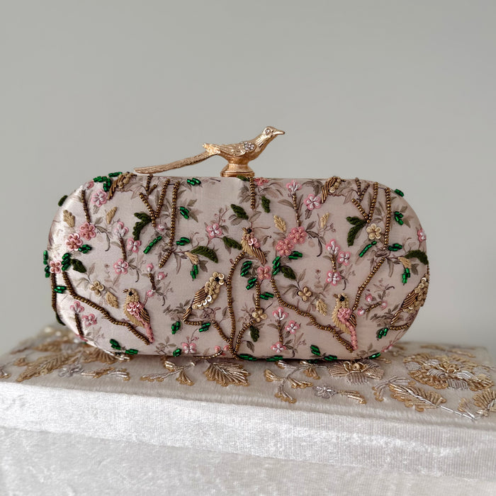 Floral Zardosi Bridal Clutch: Pastel Printed Wedding Clutch With Bird Knob