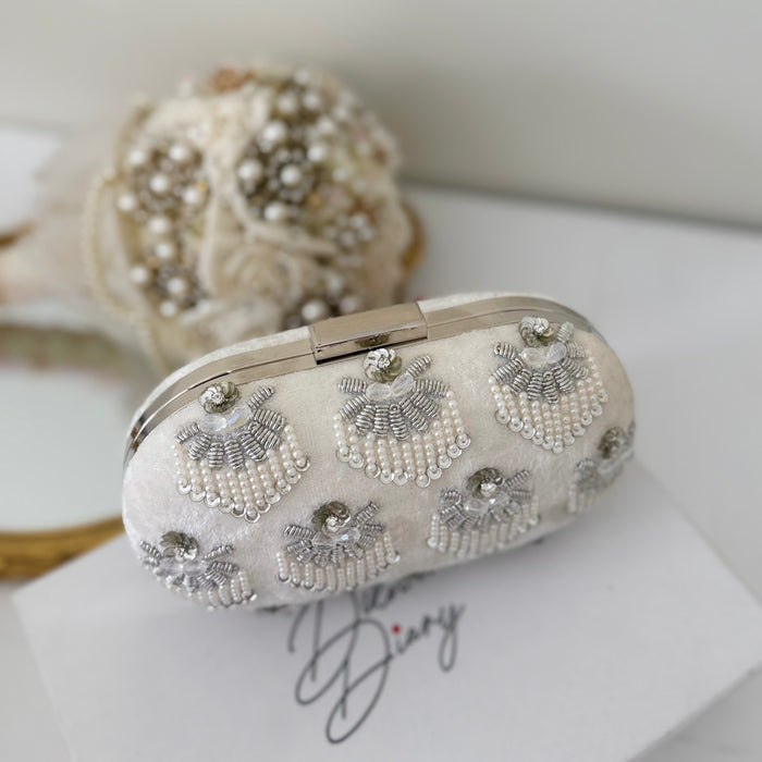 White Beaded Velvet Clutch: Bridal Purse with Crystal Embellishments