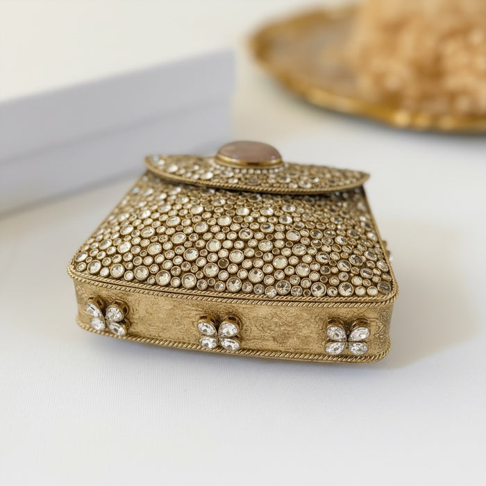 Natural Rose Quartz Gemstone Mini Clutch | Kundan Detailing on Brass Frame