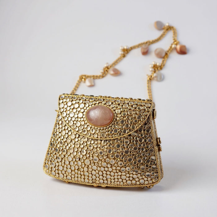 Natural Rose Quartz Gemstone Mini Clutch | Kundan Detailing on Brass Frame