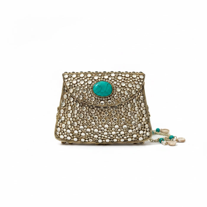 Natural Turquoise Gemstone Mini Clutch | Kundan Detailing on Brass Frame