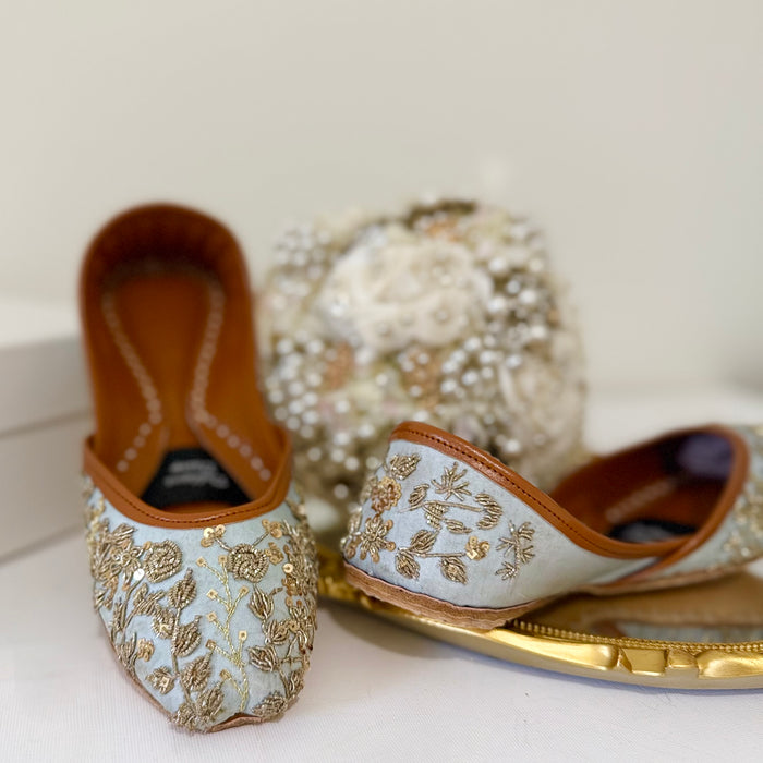 Light Blue Bridal Khussa Jutti: Handmade Thread Work Leather Sandal