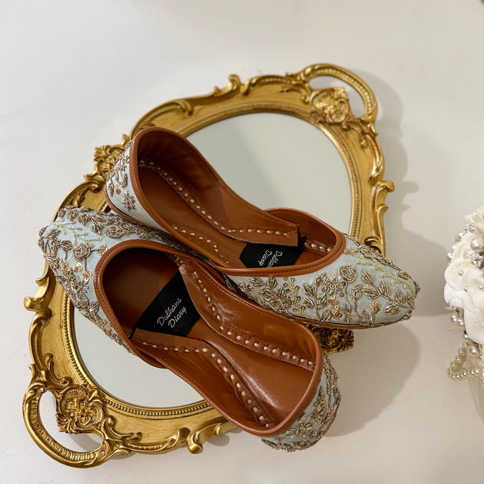 Light Blue Bridal Khussa Jutti: Handmade Thread Work Leather Sandal