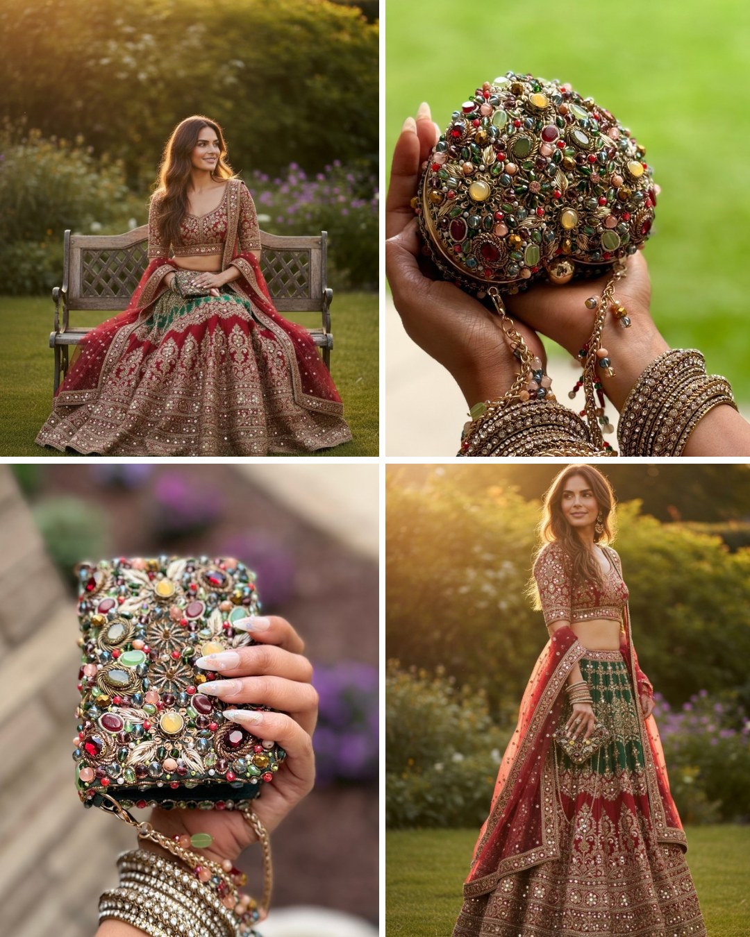 Close-ups of a handmade gemstone clutch held in hand with gold bangles, and a bride in golden-hour light