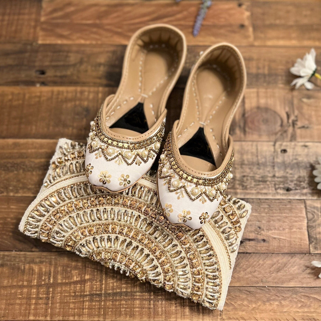 Handmade White Khussa Juttis: Pakistani Bridal Flat Shoes