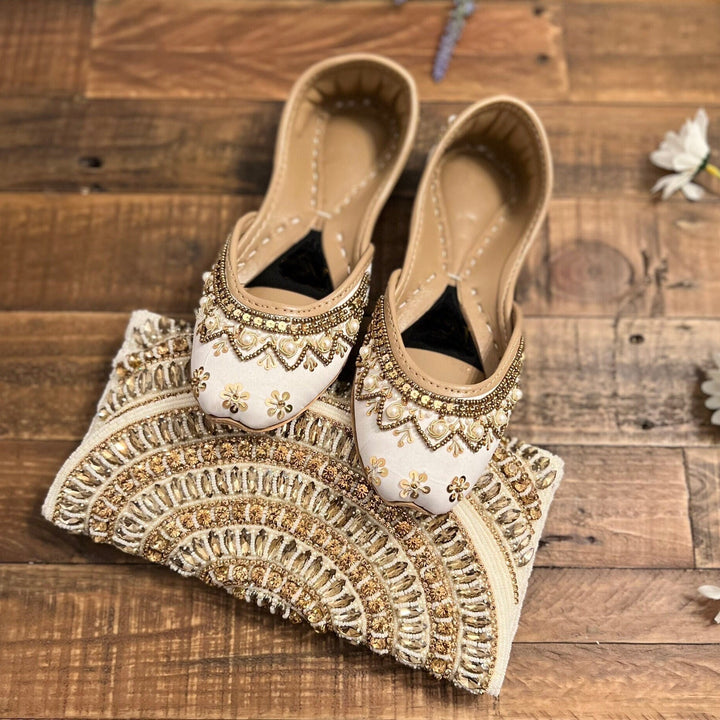 Handmade White Khussa Juttis: Pakistani Bridal Flat Shoes