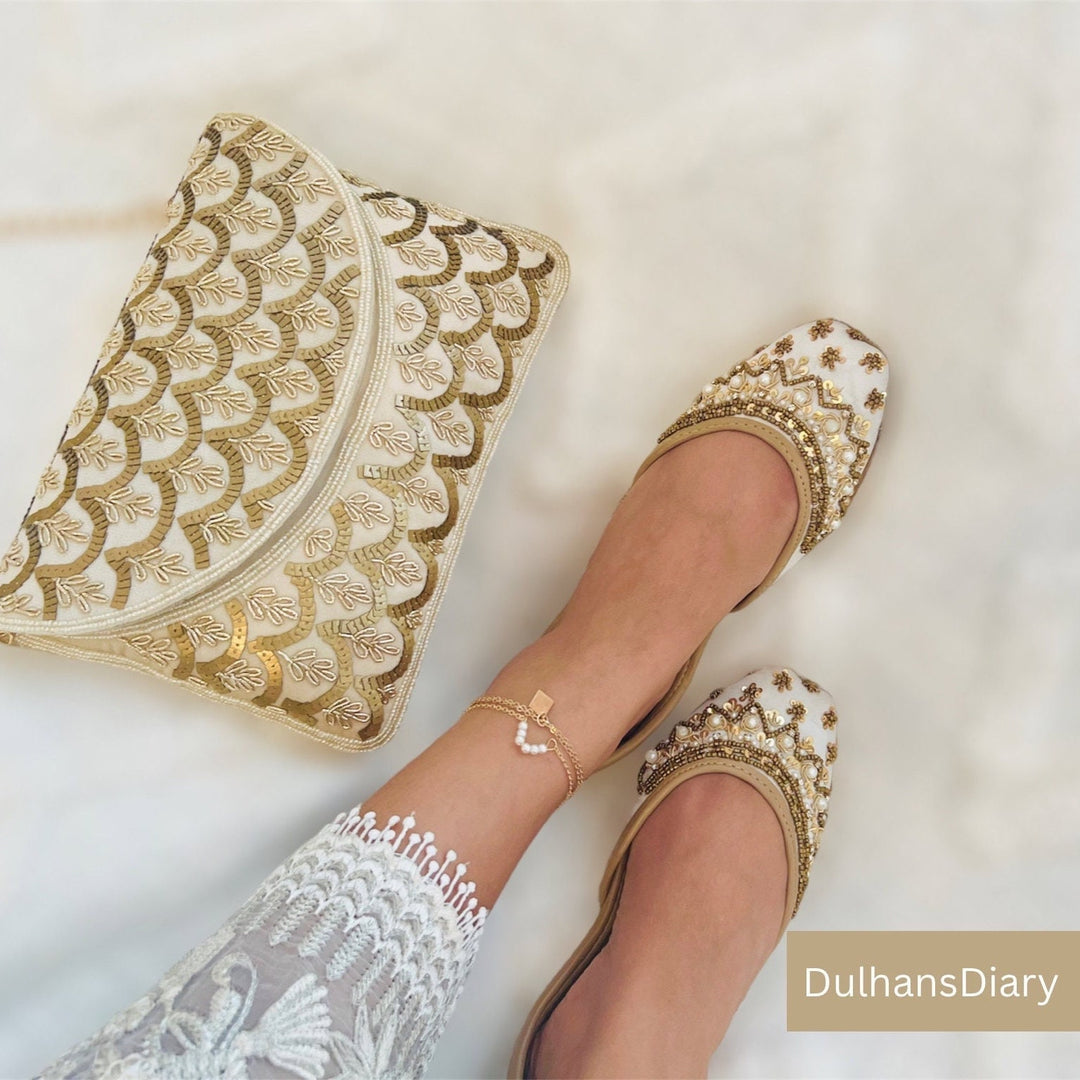 Handmade White Khussa Juttis: Pakistani Bridal Flat Shoes