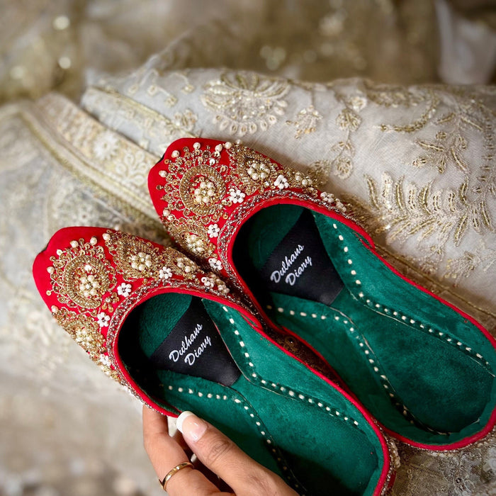 Red Velvet Bridal Khussa Jutti: Wedding Shoes