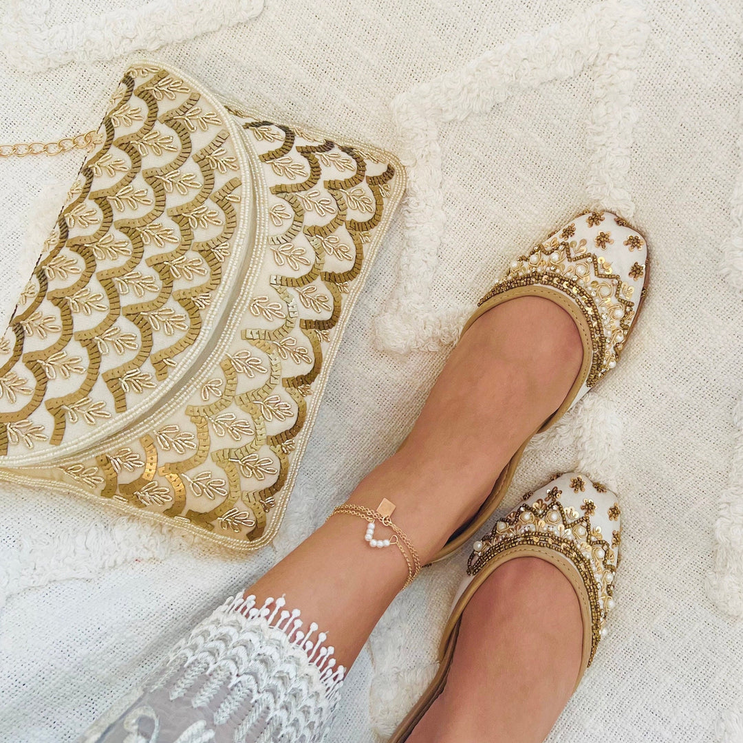 Handmade White Khussa Juttis: Pakistani Bridal Flat Shoes