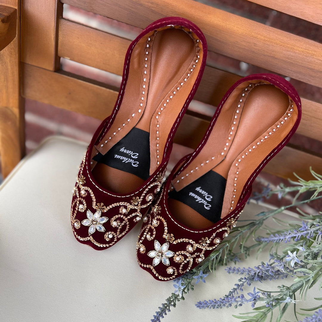 Maroon Bridal Khussa Jutti: Handmade Threadwork Indian Wedding Shoes