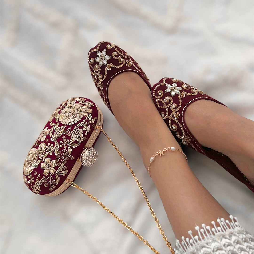 Maroon Bridal Khussa Jutti: Handmade Threadwork Indian Wedding Shoes