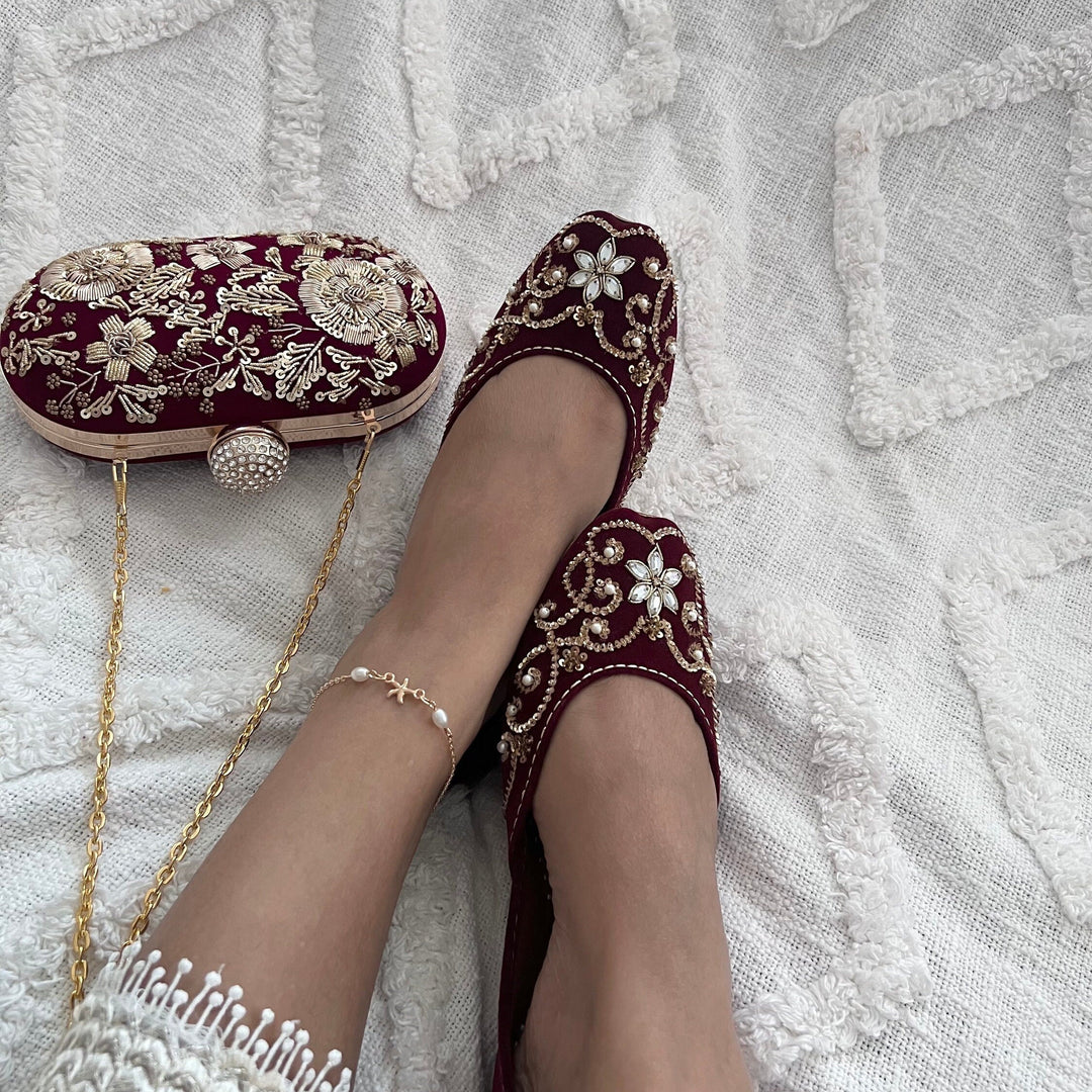 Maroon Bridal Khussa Jutti: Handmade Threadwork Indian Wedding Shoes