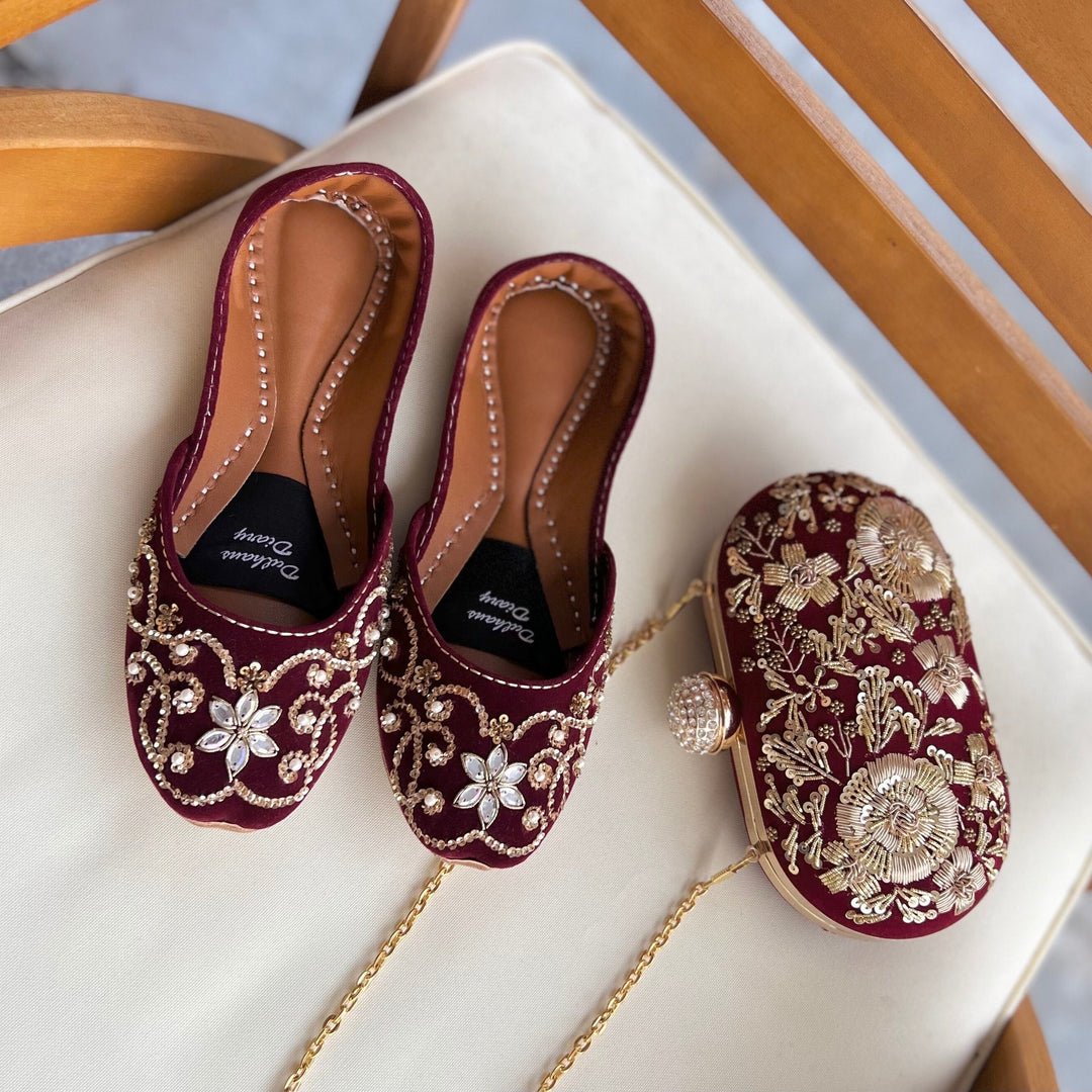 Maroon Bridal Khussa Jutti: Handmade Threadwork Indian Wedding Shoes