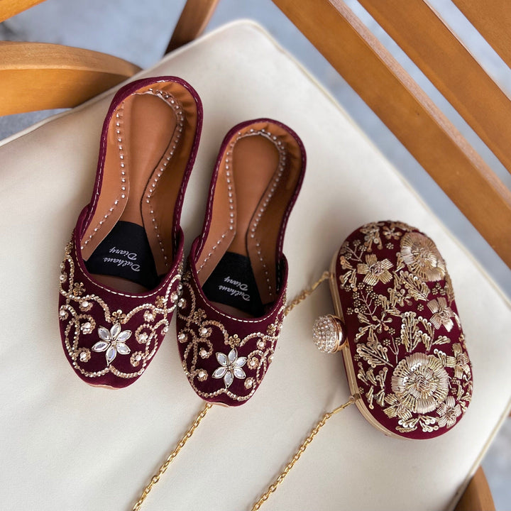 Maroon Bridal Khussa Jutti: Handmade Threadwork Indian Wedding Shoes