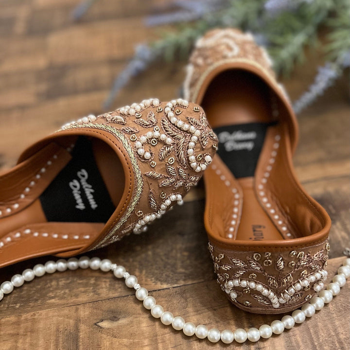 Handmade Bronze Khussa Juttis: Beaded Bridal Flat Shoes