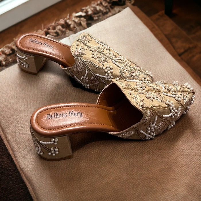 Handmade Gold Bridal Mules: Beaded Wedding Shoes
