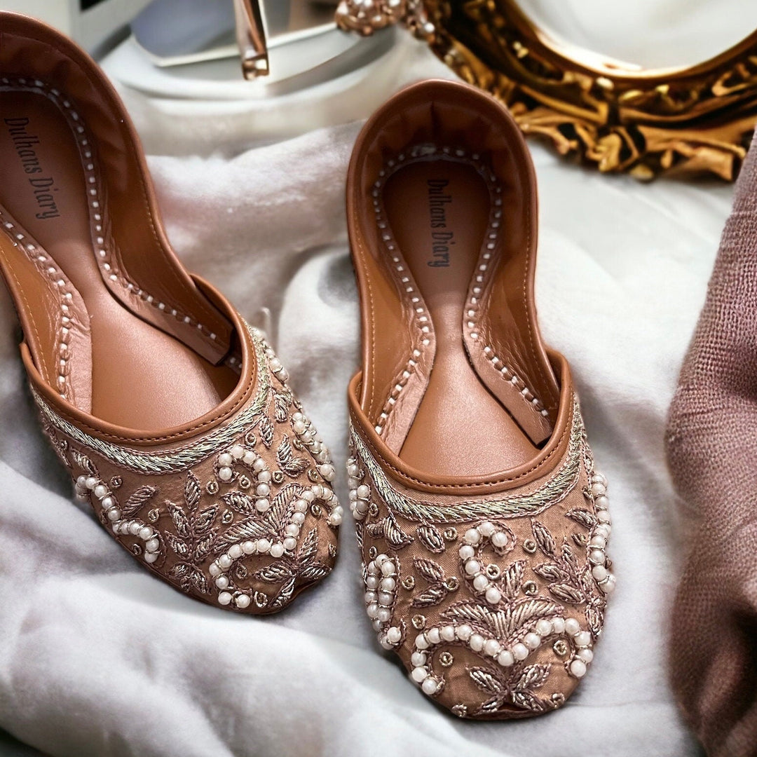 Handmade Bronze Khussa Juttis: Beaded Bridal Flat Shoes