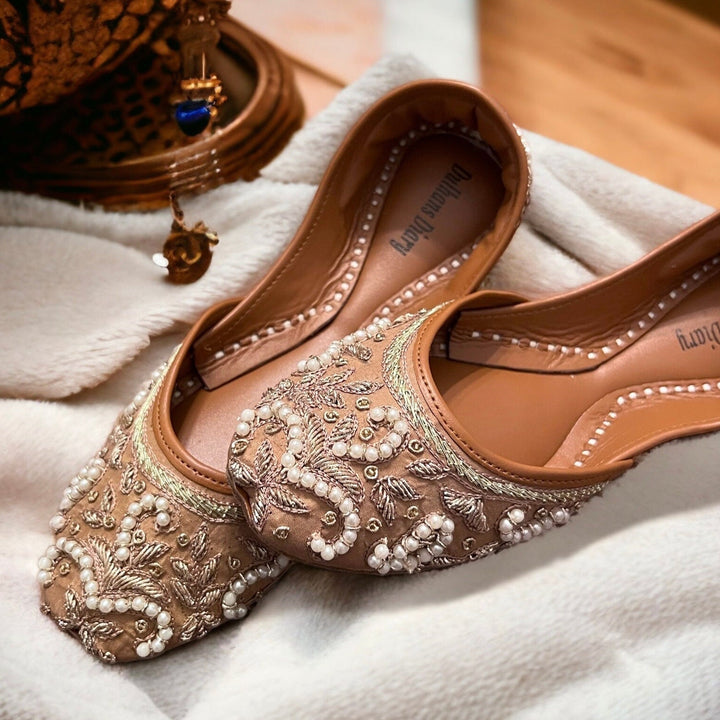 Handmade Bronze Khussa Juttis: Beaded Bridal Flat Shoes
