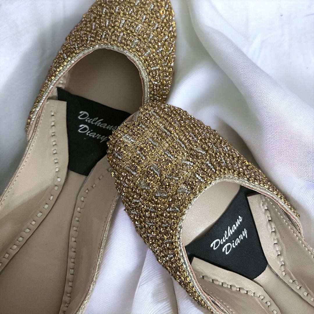 Crystal Bridal Khussa Jutti: Gold Pakistani Indian Wedding Shoes