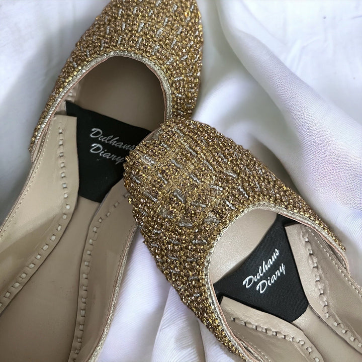 Crystal Bridal Khussa Jutti: Gold Pakistani Indian Wedding Shoes