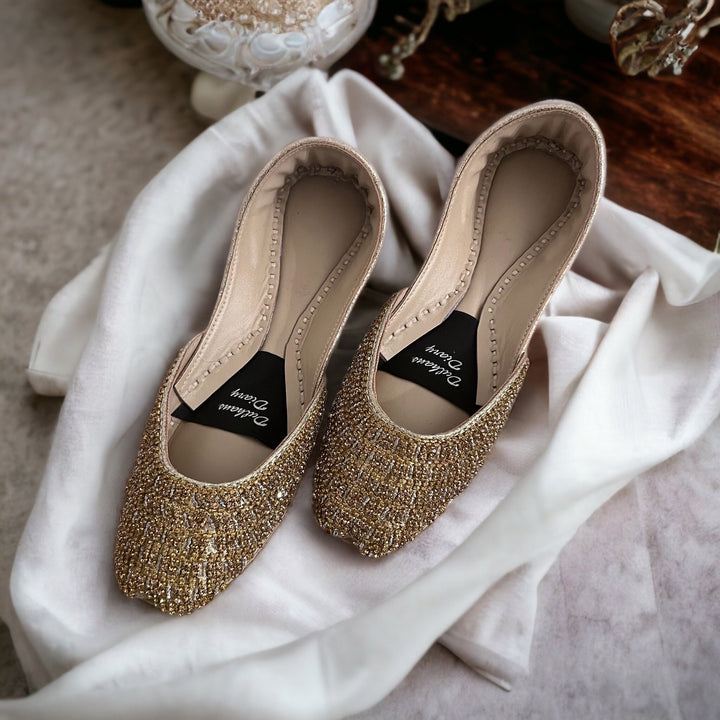 Crystal Bridal Khussa Jutti: Gold Pakistani Indian Wedding Shoes