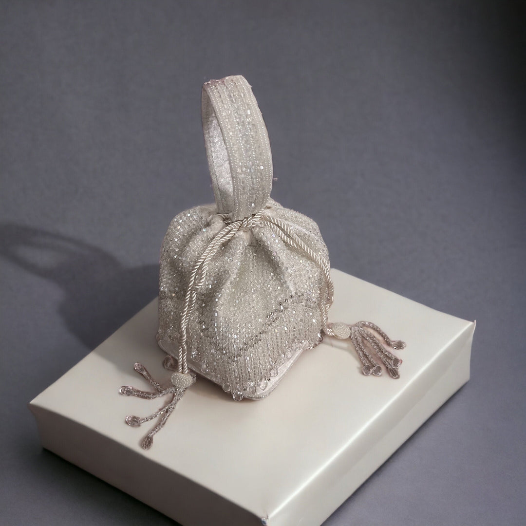 Handmade Crystal Bridal Potli Bag: Ivory Indian Evening Clutch