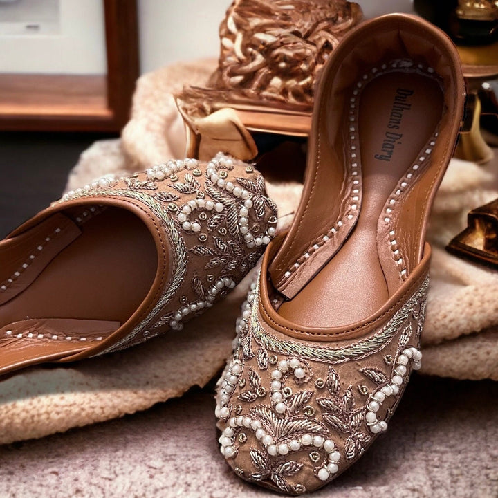 Handmade Bronze Khussa Juttis: Beaded Bridal Flat Shoes