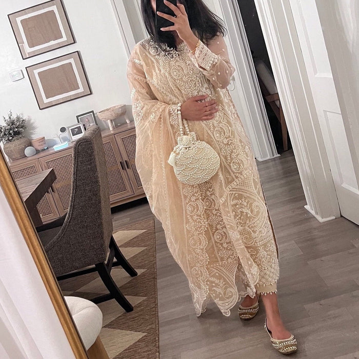 Beaded Bridal Beige Potli Bag