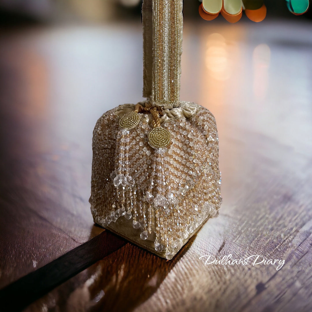Crystal Embellished Champagne Bridal Potli Bag: Handmade Indian Wedding Wristlet