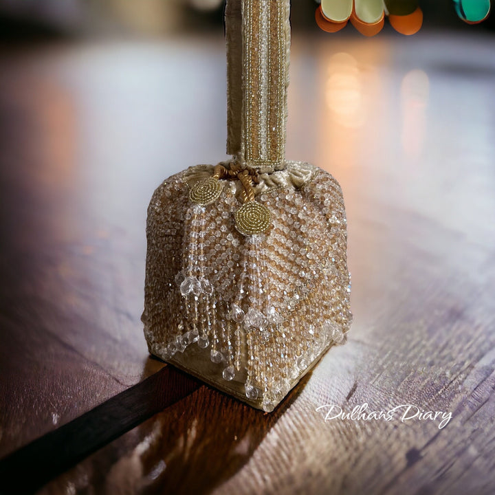 Crystal Embellished Champagne Bridal Potli Bag: Handmade Indian Wedding Wristlet