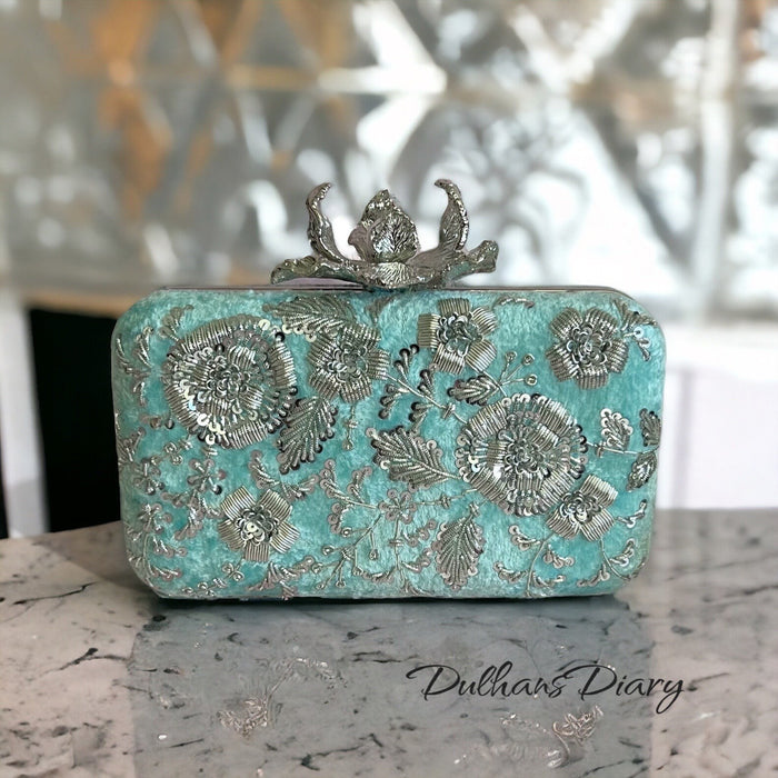 Handmade Zardozi Work Clutch: Turquoise Bridal Clutch