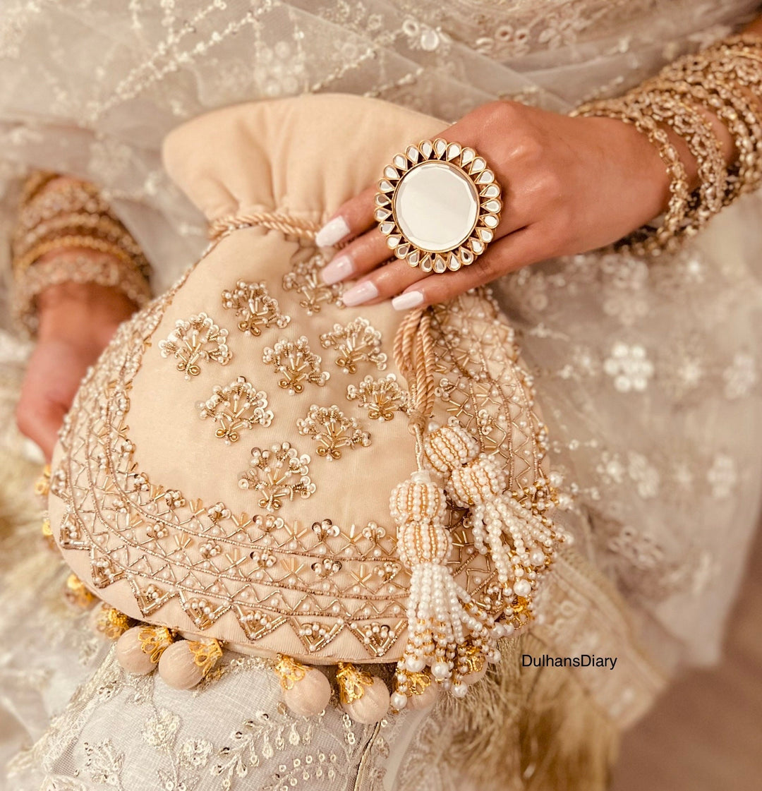 Handmade Beige Velvet Bridal Potli Bag: Embroidered Indian Evening Bag