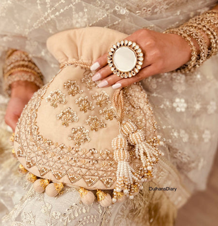 Beige Velvet Bridal Potli Bag