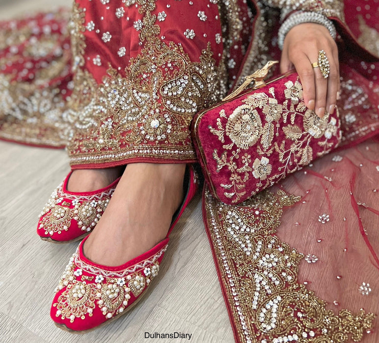 Red Velvet Bridal Khussa Jutti: Wedding Shoes